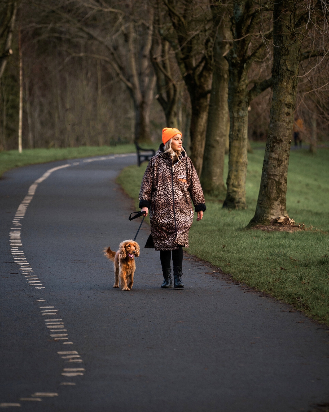 woman walking dog in cosirobe2 changing robe