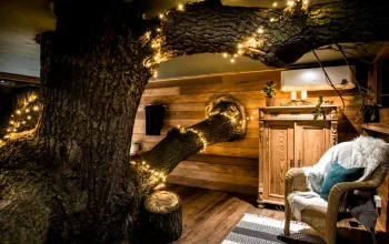 Treehouse living with tree with fairy lights growing through it Top Ten Treehouses CREDIT CoolStays