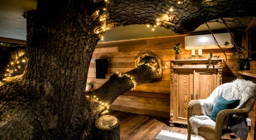 treehouse living with tree with fairy lights growing through it top ten treehouses credit coolstays