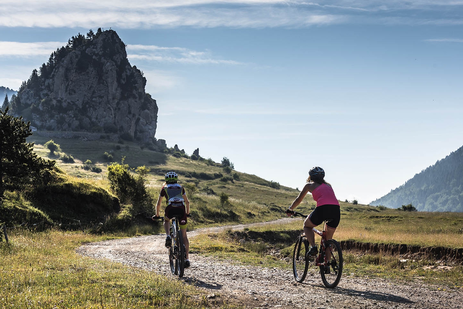 Women cycling along CATHAR TRAIL, Catalonia