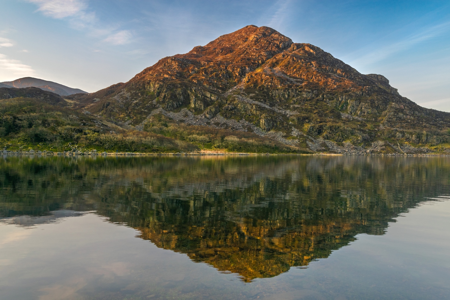 Reflection of rocky mountain on water, Rhinogs Traverse